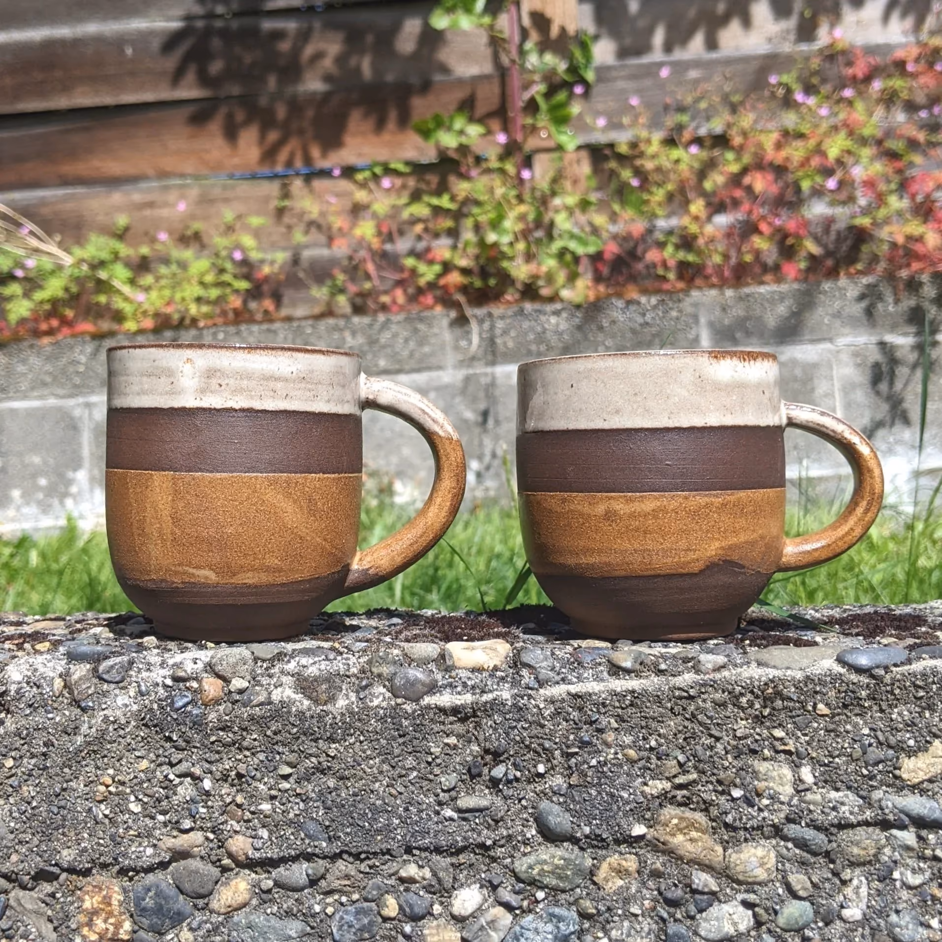 Two ceramic coffee mugs with a color-block design in shades of cream, dark brown, and tan, placed on a gravel surface outdoors, with a background of grass, a stone wall, and a wooden fence with pink and green plants.